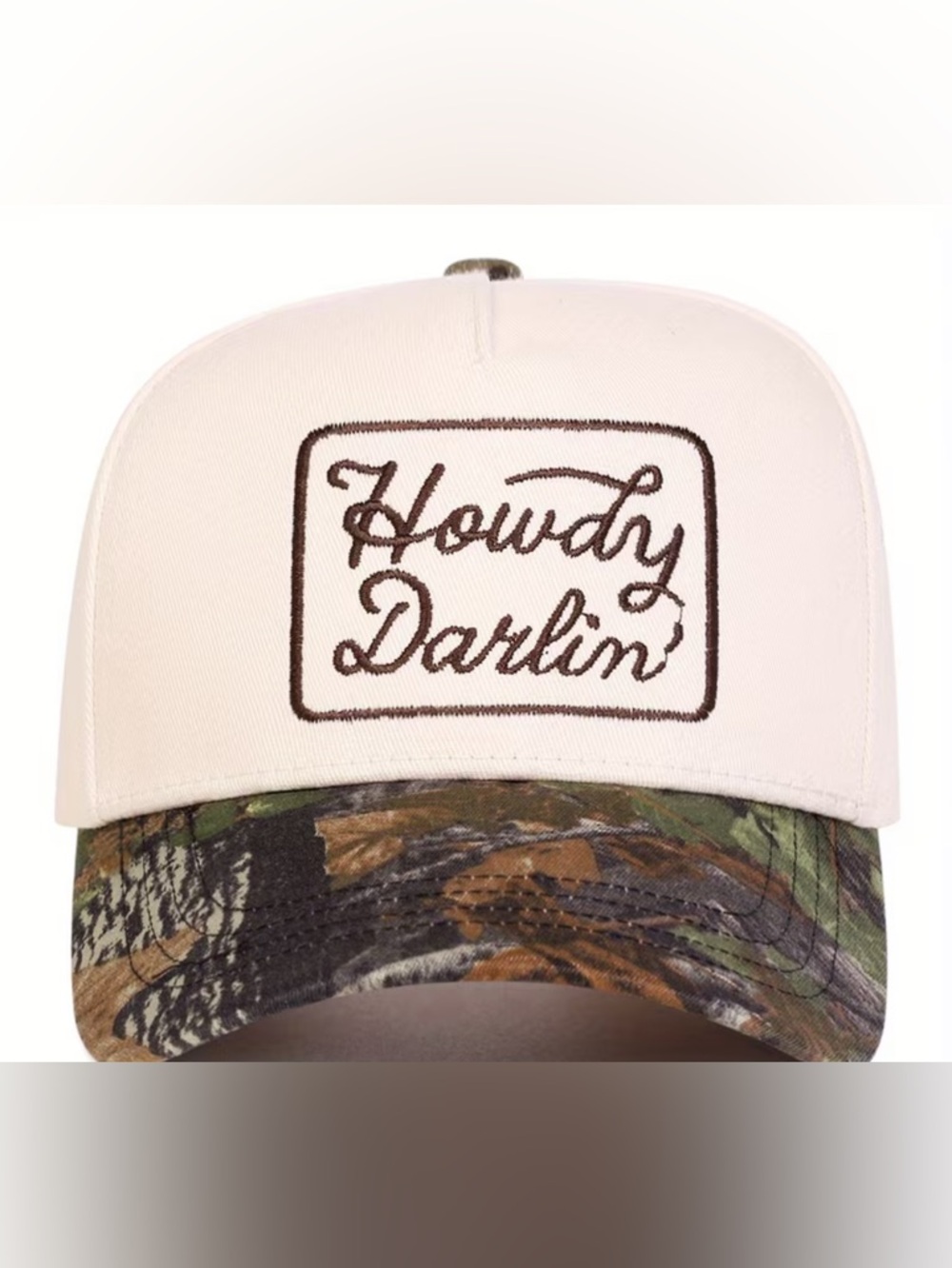 Howdy Darlin' Embroidered Trucker Hat - White & Camo Adjustable Back
